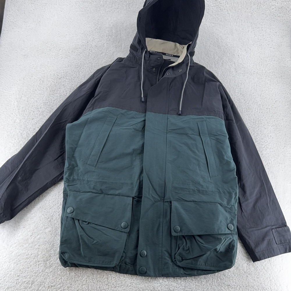 Vintage Nautica‎ Hooded Parka Jacket Mens Large Hiking Green Black Snap Pockets